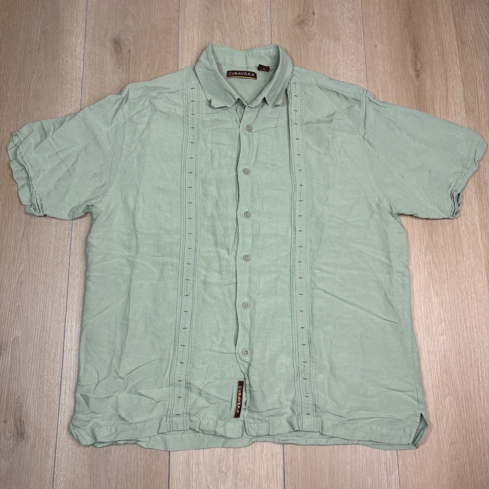 Cubavera Mens Large Sage Green Linen Blend Guayabera Short Sleeve Button Shirt